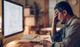 This is an elderly man who has placed one hand over his eyes, wiping away tears, while holding glasses in his other hand. There is a laptop in front of him